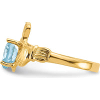 10K Yellow Gold December Birthstone Claddagh Ring with Heart-Shaped Blue Topaz Gem
