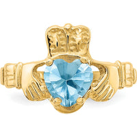 10K Yellow Gold December Birthstone Claddagh Ring with Heart-Shaped Blue Topaz Gem