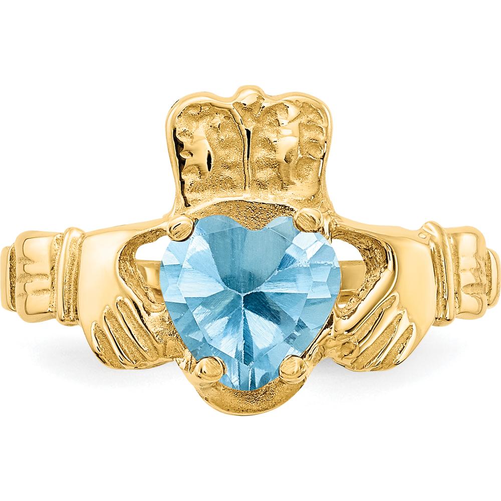 10K Yellow Gold December Birthstone Claddagh Ring with Heart-Shaped Blue Topaz Gem