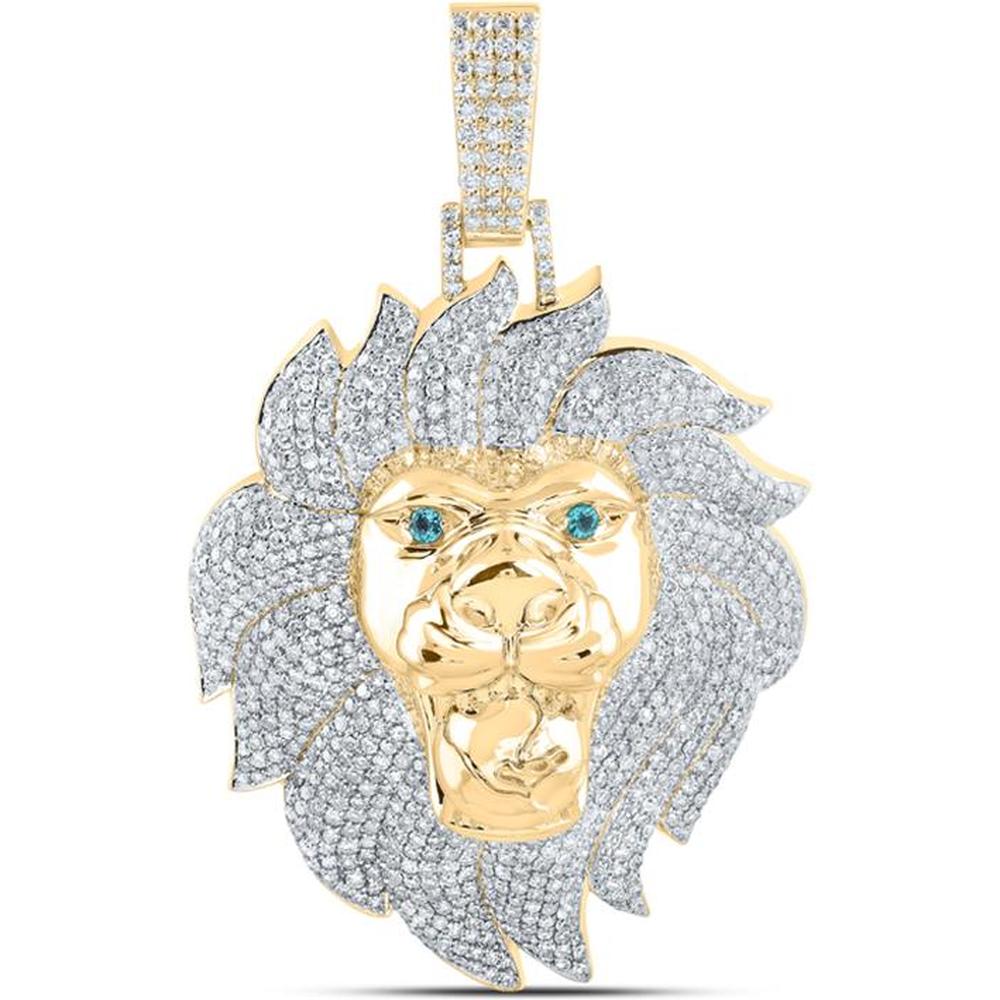 10K Yellow Gold Diamond and Emerald Lion Face Charm Pendant - 5.15 Carat Total Gem Weight
