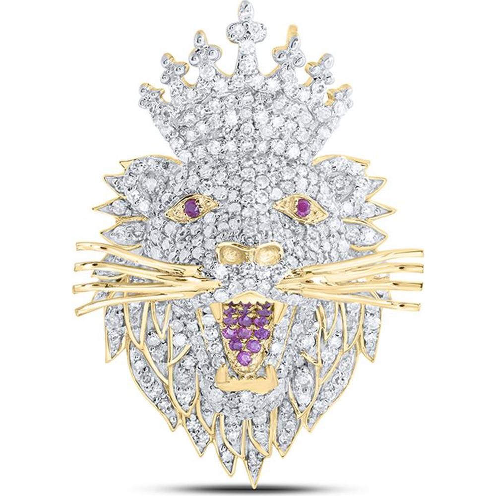 10K Yellow Gold Diamond and Ruby Lion Face Crown Pendant - 1 Carat Total Gemstone Weight