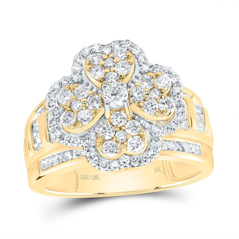 10K Yellow Gold Diamond Clover Ring - 1 3/8 Carat Total Diamond Weight