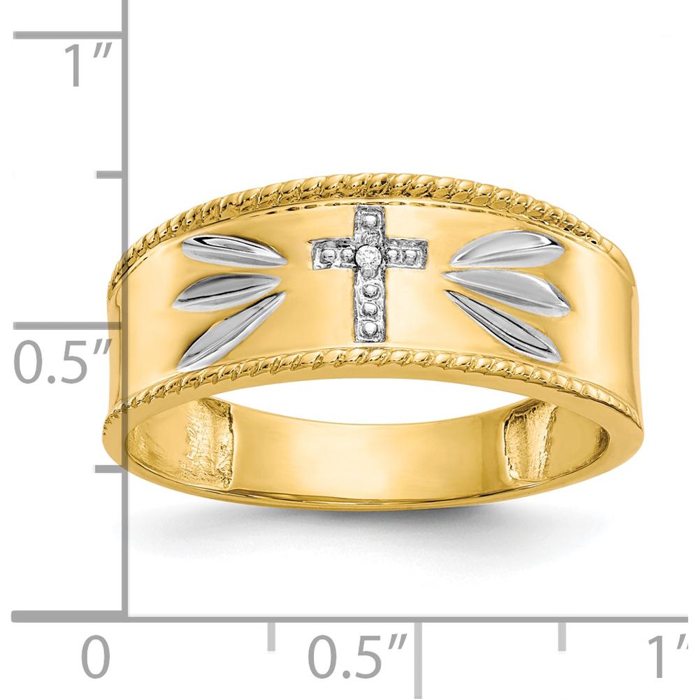 10K Yellow Gold Diamond Cross Men's Wedding Band with Rhodium Accents - 0.004 Carat Total Diamond Weight