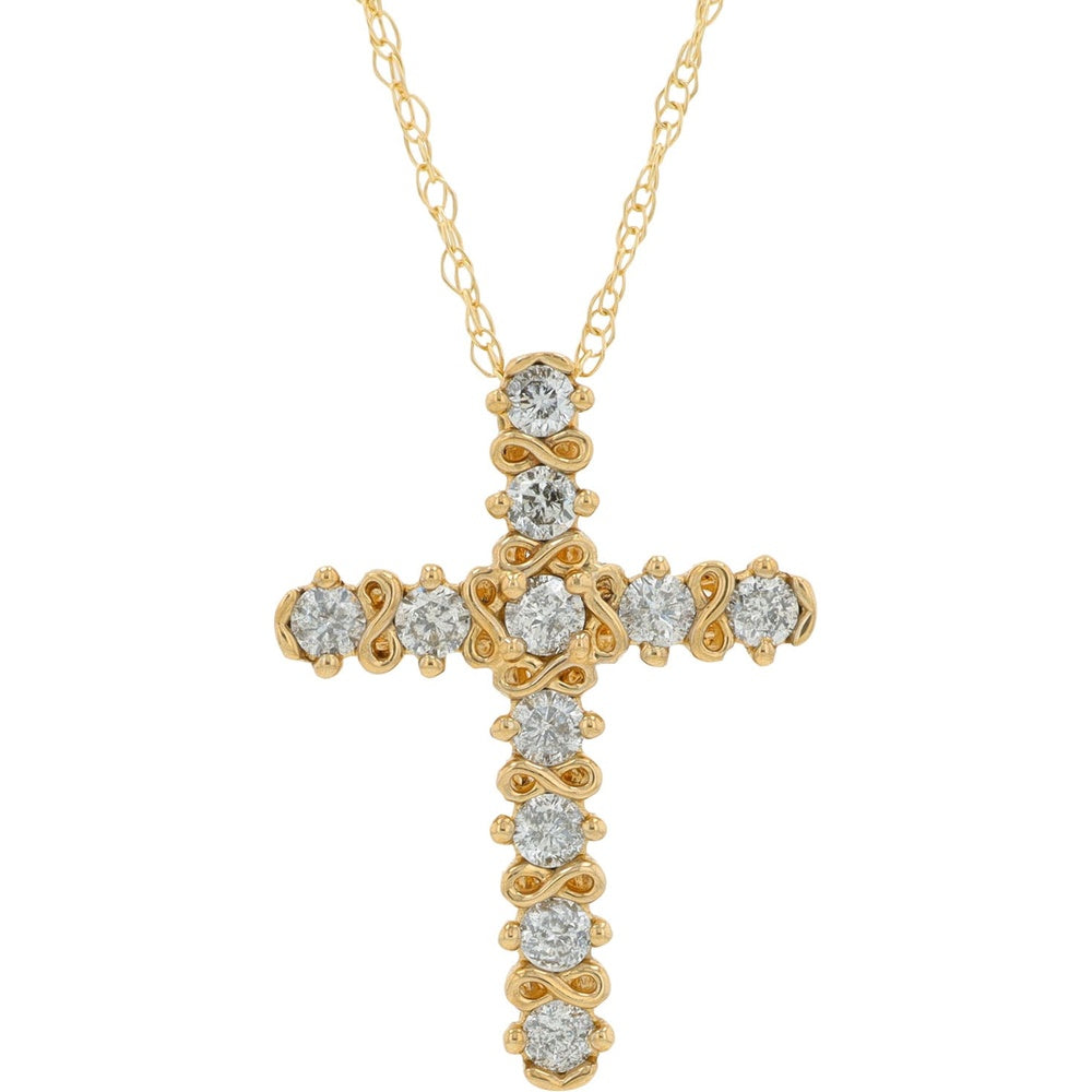 10K Yellow Gold Diamond Cross Pendant with Prong Set Round Diamonds - 0.25 Carat Total Diamond Weight