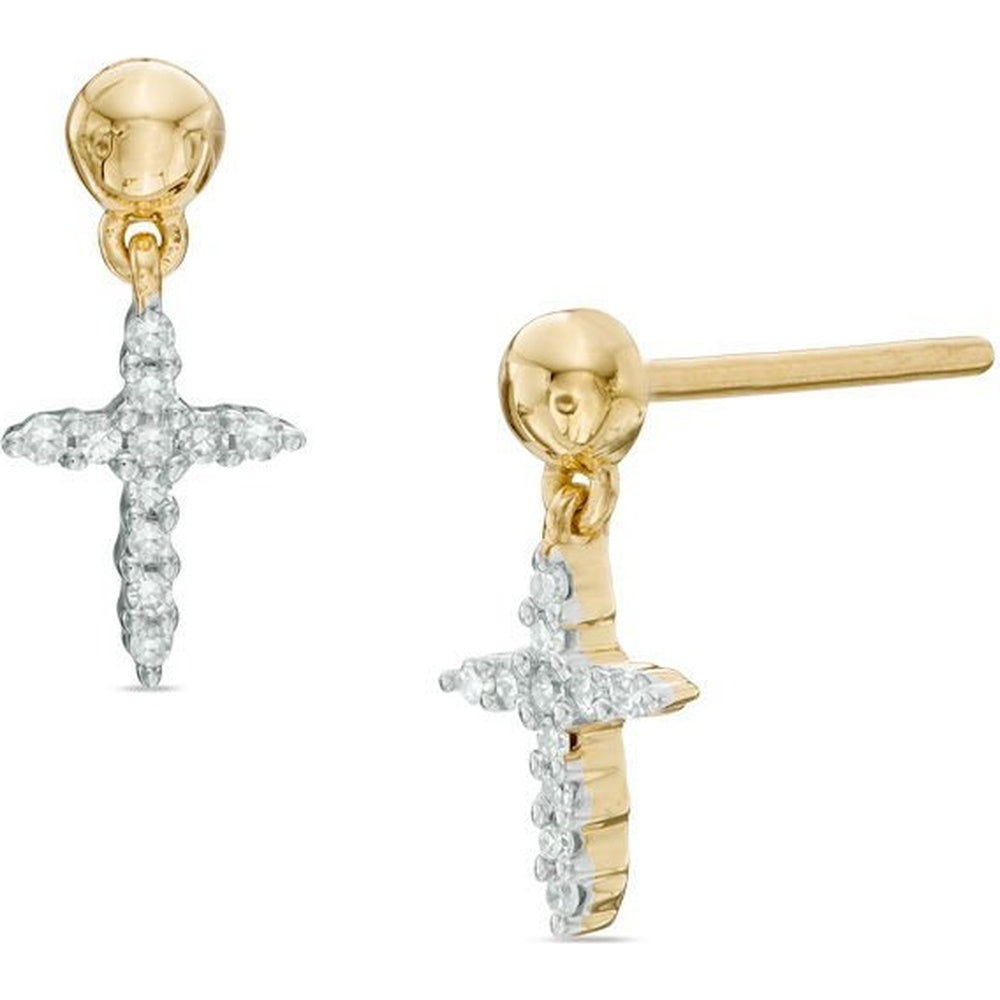 10K Yellow Gold Diamond Cross Stud Earrings with Prong Set Round Diamonds - 0.08 Carat Total Diamond Weight by Auriventus