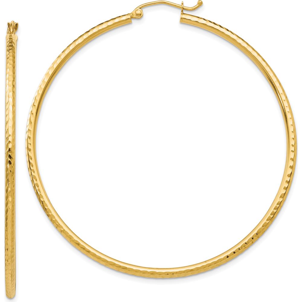 10K Yellow Gold Diamond-Cut 2mm Round Tube Hoop Earrings - 55mm Length