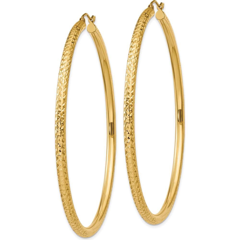 10K Yellow Gold Diamond-Cut 3mm Round Hoop Earrings - 65mm Length