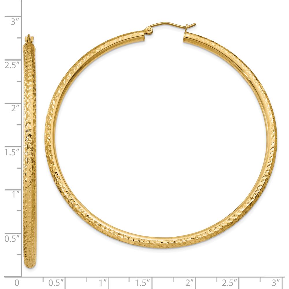 10K Yellow Gold Diamond-Cut 3mm Round Hoop Earrings - 65mm Length