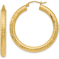 10K Yellow Gold Diamond-Cut 4mm Round Hoop Earrings - 35mm Length