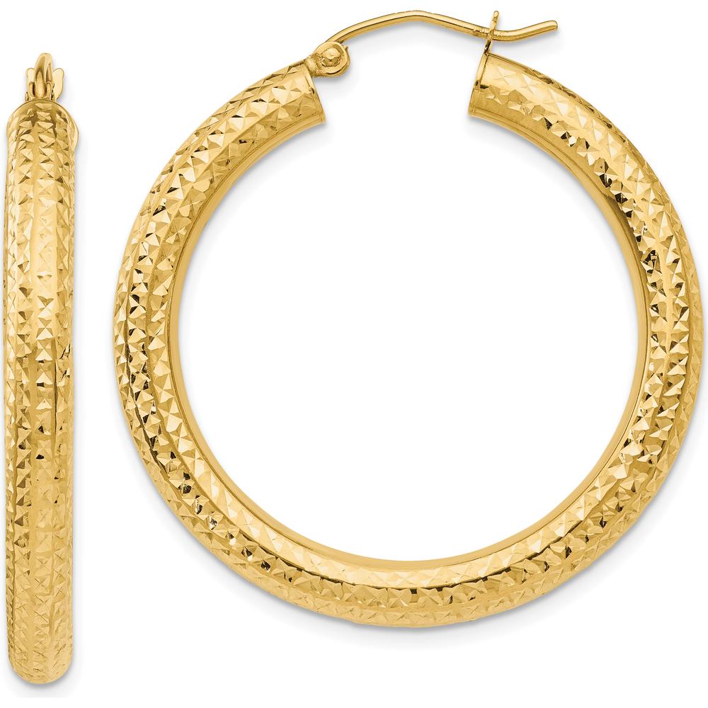 10K Yellow Gold Diamond-Cut 4mm Round Hoop Earrings - 35mm Length