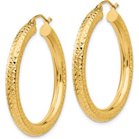 10K Yellow Gold Diamond-Cut 4mm Round Hoop Earrings - 35mm Length