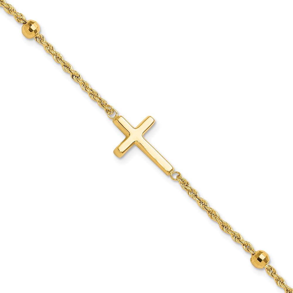 10K Yellow Gold Diamond-Cut Beaded Cross Bracelet - 7.5in Length with Lobster Clasp