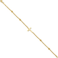 10K Yellow Gold Diamond-Cut Beaded Cross Bracelet - 7.5in Length with Lobster Clasp