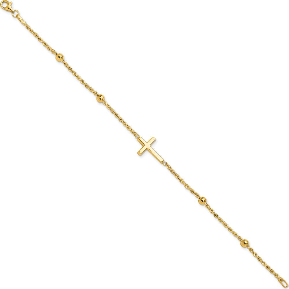 10K Yellow Gold Diamond-Cut Beaded Cross Bracelet - 7.5in Length with Lobster Clasp
