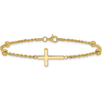 10K Yellow Gold Diamond-Cut Beaded Cross Bracelet - 7.5in Length with Lobster Clasp