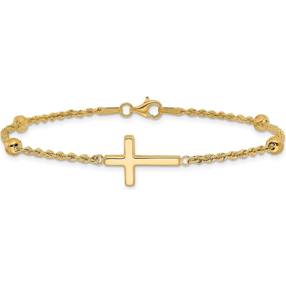 10K Yellow Gold Diamond-Cut Beaded Cross Bracelet - 7.5in Length with Lobster Clasp