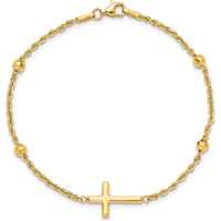 10K Yellow Gold Diamond-Cut Beaded Cross Bracelet - 7.5in Length with Lobster Clasp