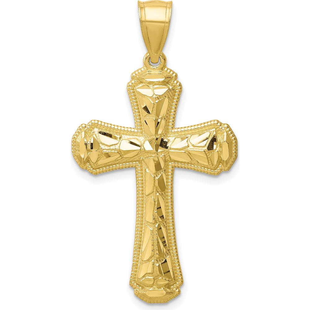 10K Yellow Gold Diamond-Cut Cross Pendant - Polished Finish, 39.64mm Length, 21.45mm Width