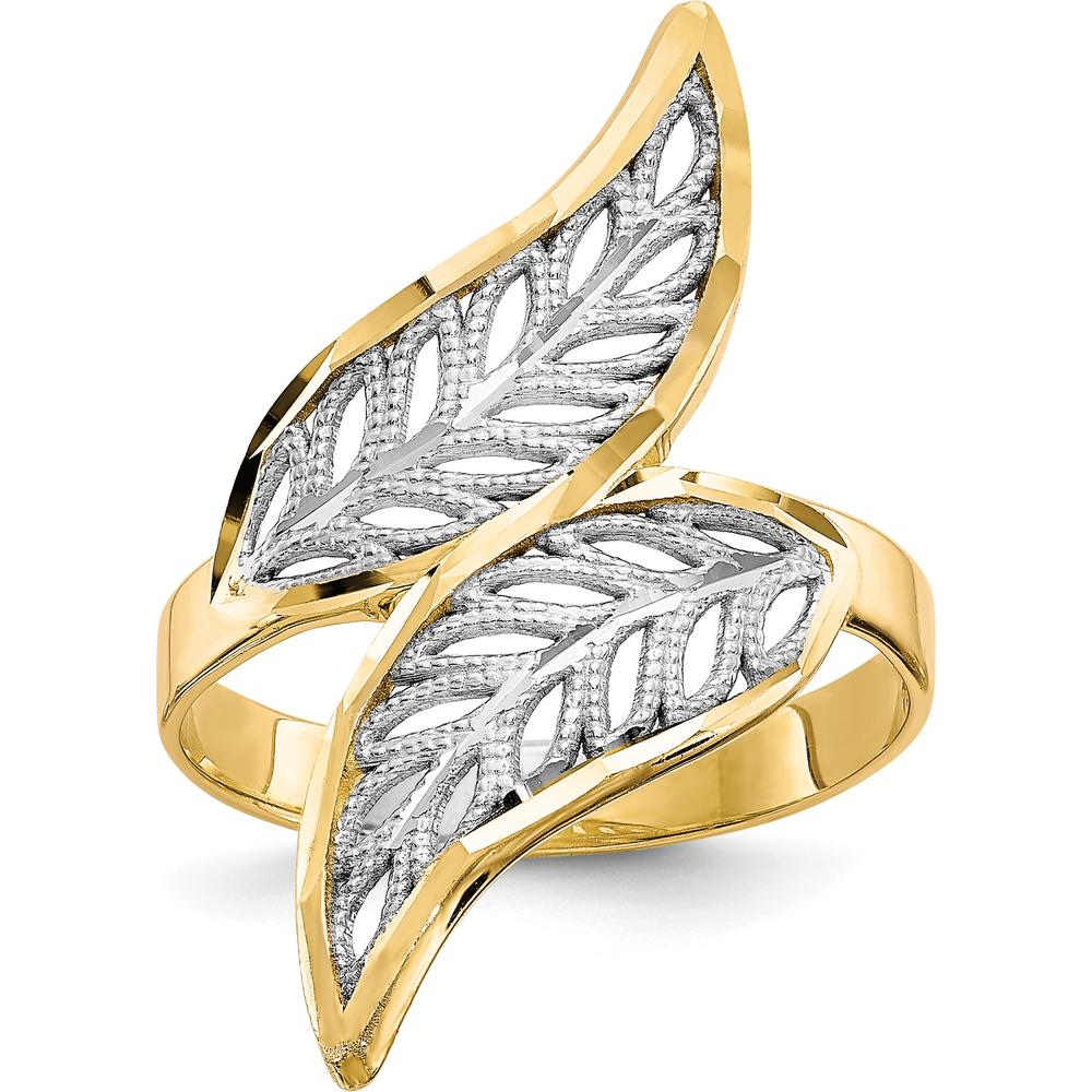 10K Yellow Gold Diamond-Cut Filigree Fashion Ring with Rhodium Accents - Nature-Inspired Design
