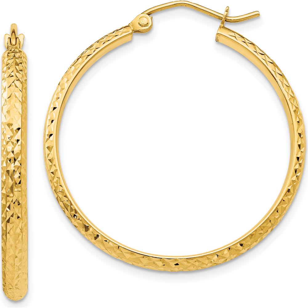 10K Yellow Gold Diamond-Cut Hollow Hoop Earrings - 30mm Length