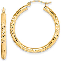 10K Yellow Gold Diamond Cut Hollow Tube Hoop Earrings - 31mm Length, 3mm Thickness