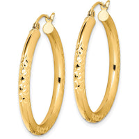 10K Yellow Gold Diamond Cut Hollow Tube Hoop Earrings - 31mm Length, 3mm Thickness