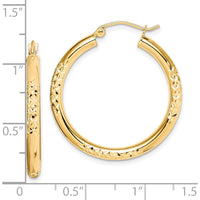 10K Yellow Gold Diamond Cut Hollow Tube Hoop Earrings - 31mm Length, 3mm Thickness