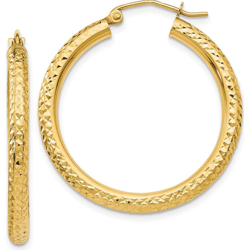 10K Yellow Gold Diamond-Cut Large Hoop Earrings - 3mm Thick, 25mm Length