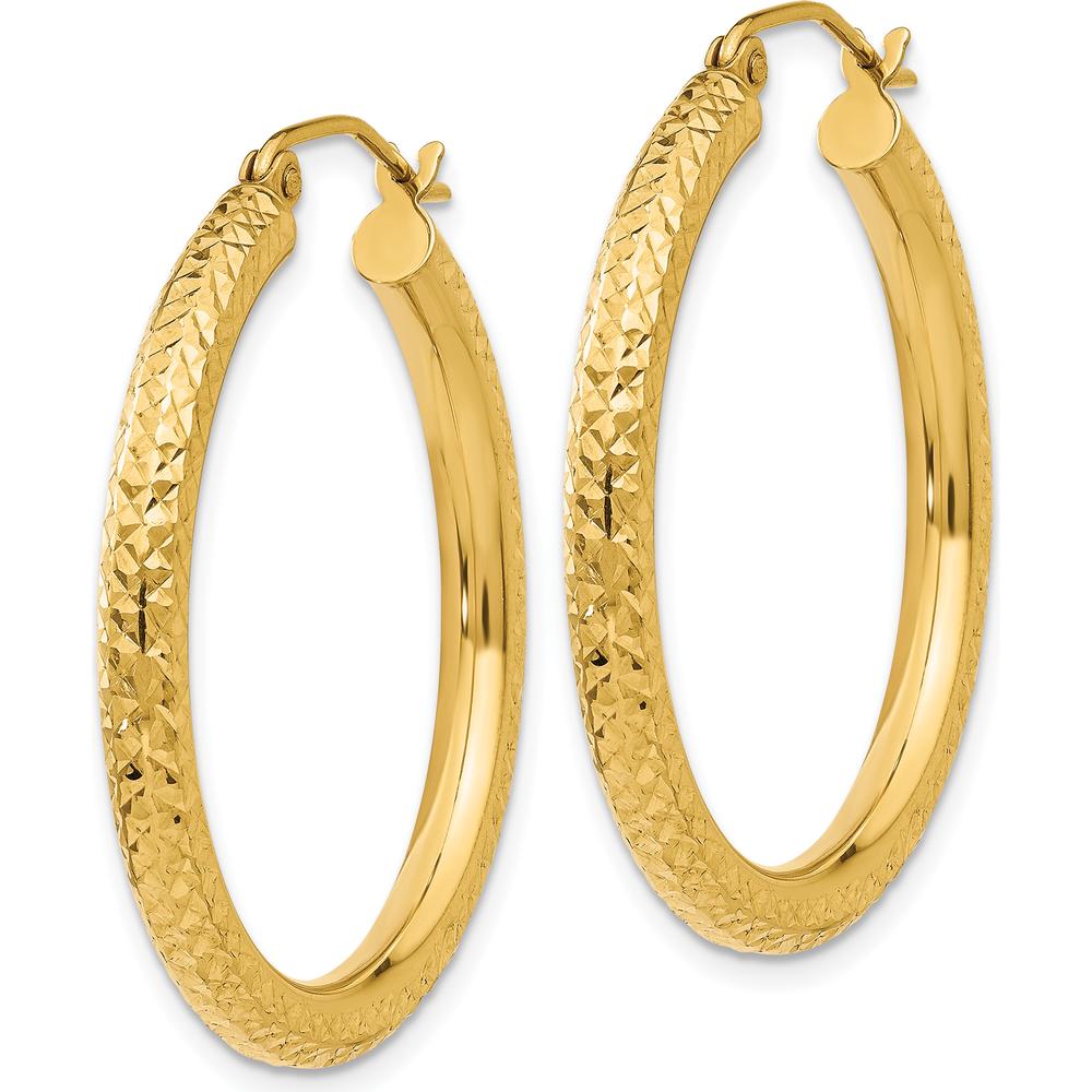 10K Yellow Gold Diamond-Cut Large Hoop Earrings - 3mm Thick, 25mm Length