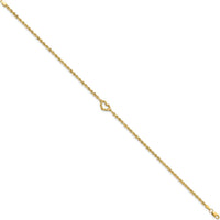10K Yellow Gold Diamond-Cut Open Heart Rope Chain Anklet - 10" Length