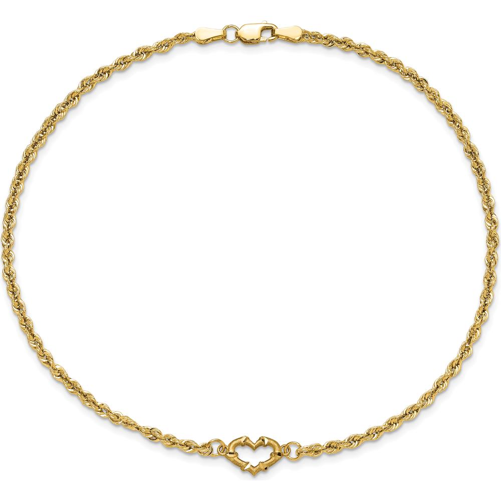 10K Yellow Gold Diamond-Cut Open Heart Rope Chain Anklet - 10" Length