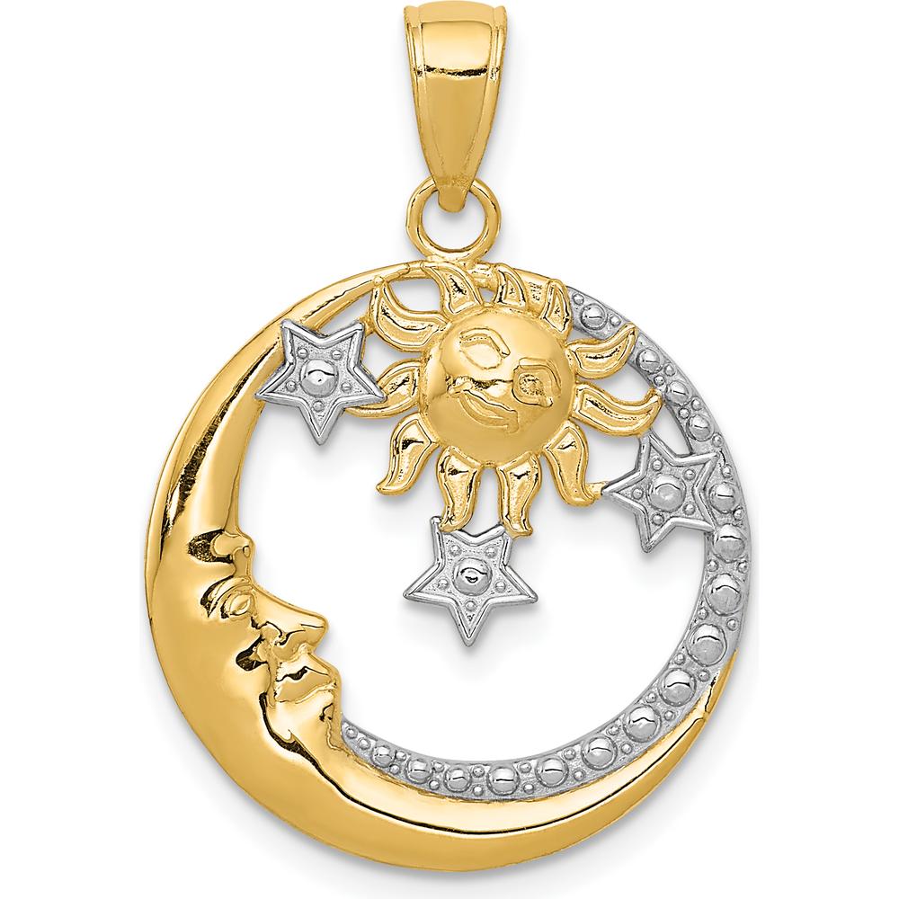 10K Yellow Gold Diamond-Cut Sun, Moon, and Star Pendant with Rhodium Accents - Celestial Charm Design