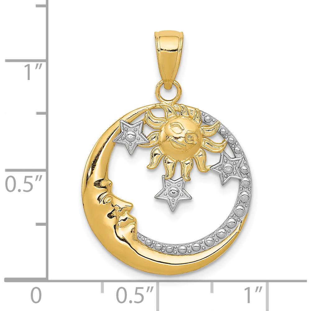 10K Yellow Gold Diamond-Cut Sun, Moon, and Star Pendant with Rhodium Accents - Celestial Charm Design