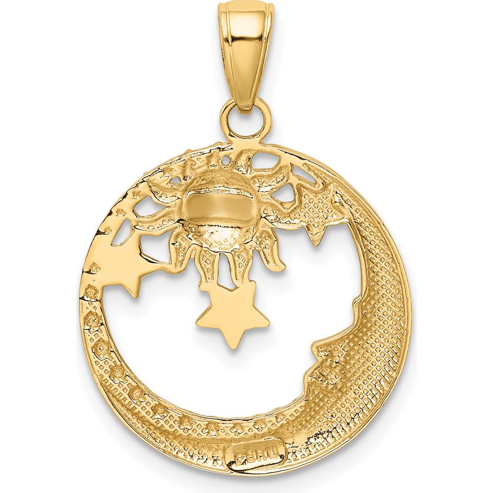 10K Yellow Gold Diamond-Cut Sun, Moon, and Star Pendant with Rhodium Accents - Celestial Charm Design