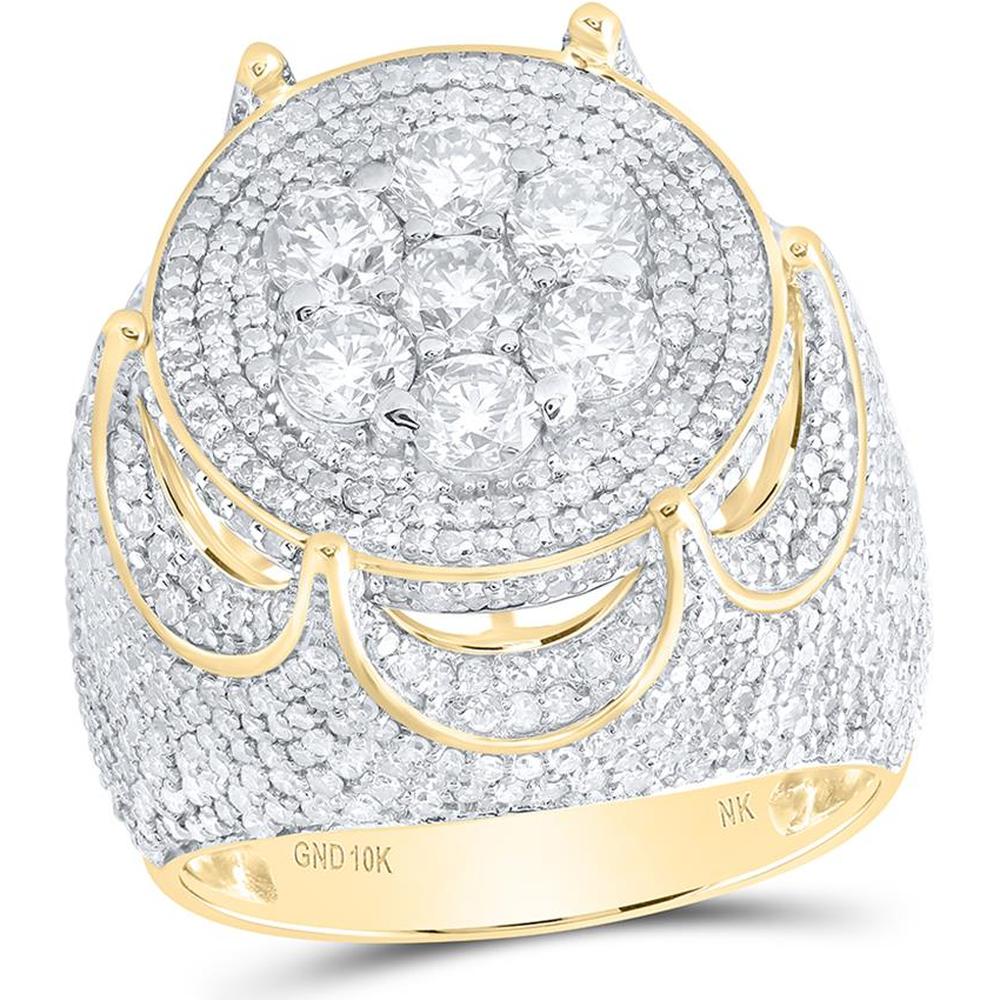 10K Yellow Gold Diamond Flower Cluster Ring with Pavé and Prong Set Round Diamonds - 5.27 Carat Total Diamond Weight
