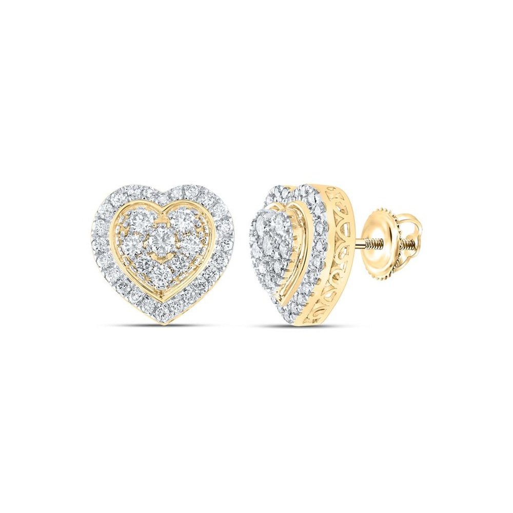 10K Yellow Gold Diamond Heart Earrings - 1 and 1/4 Carat Total Diamond Weight