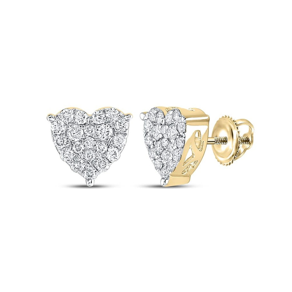 10K Yellow Gold Diamond Heart Earrings - 3/4 Carat Total Diamond Weight