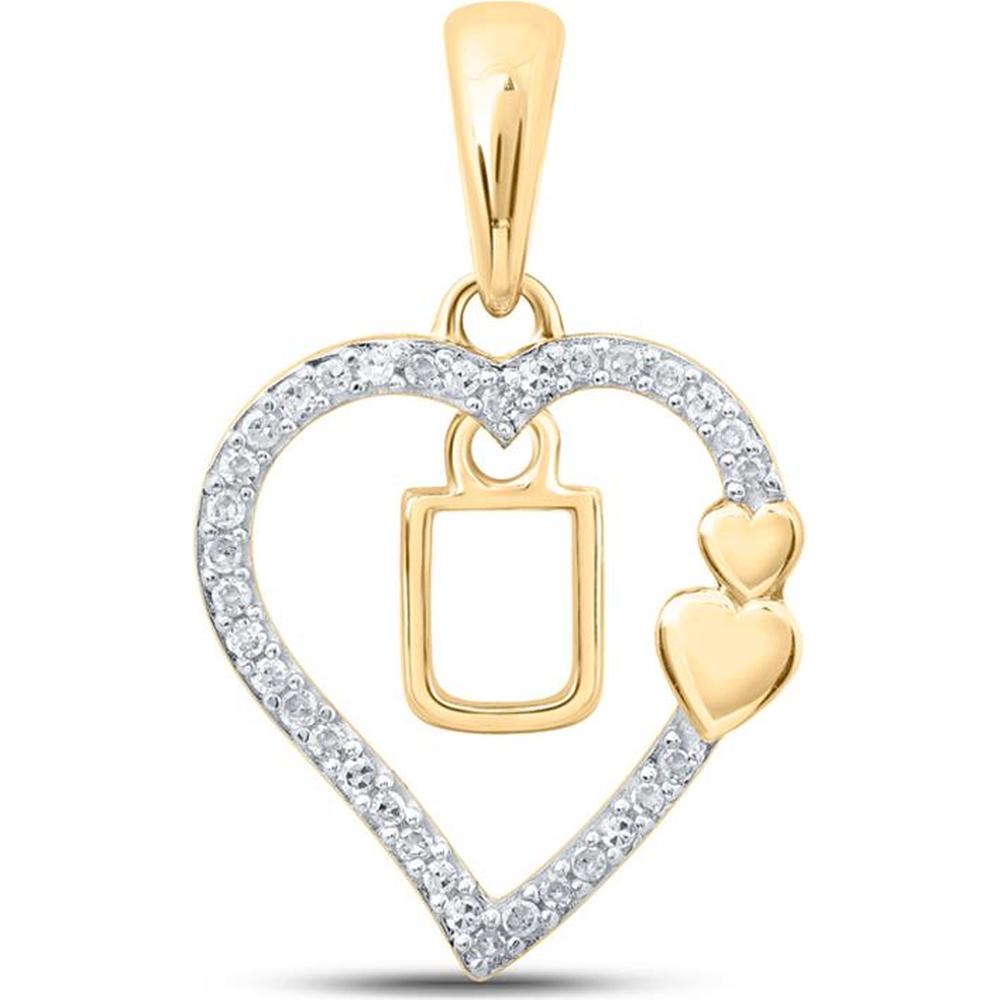 10K Yellow Gold Diamond Heart Pendant with Letter U and Two Gold Hearts - 1/10 Carat Total Diamond Weight