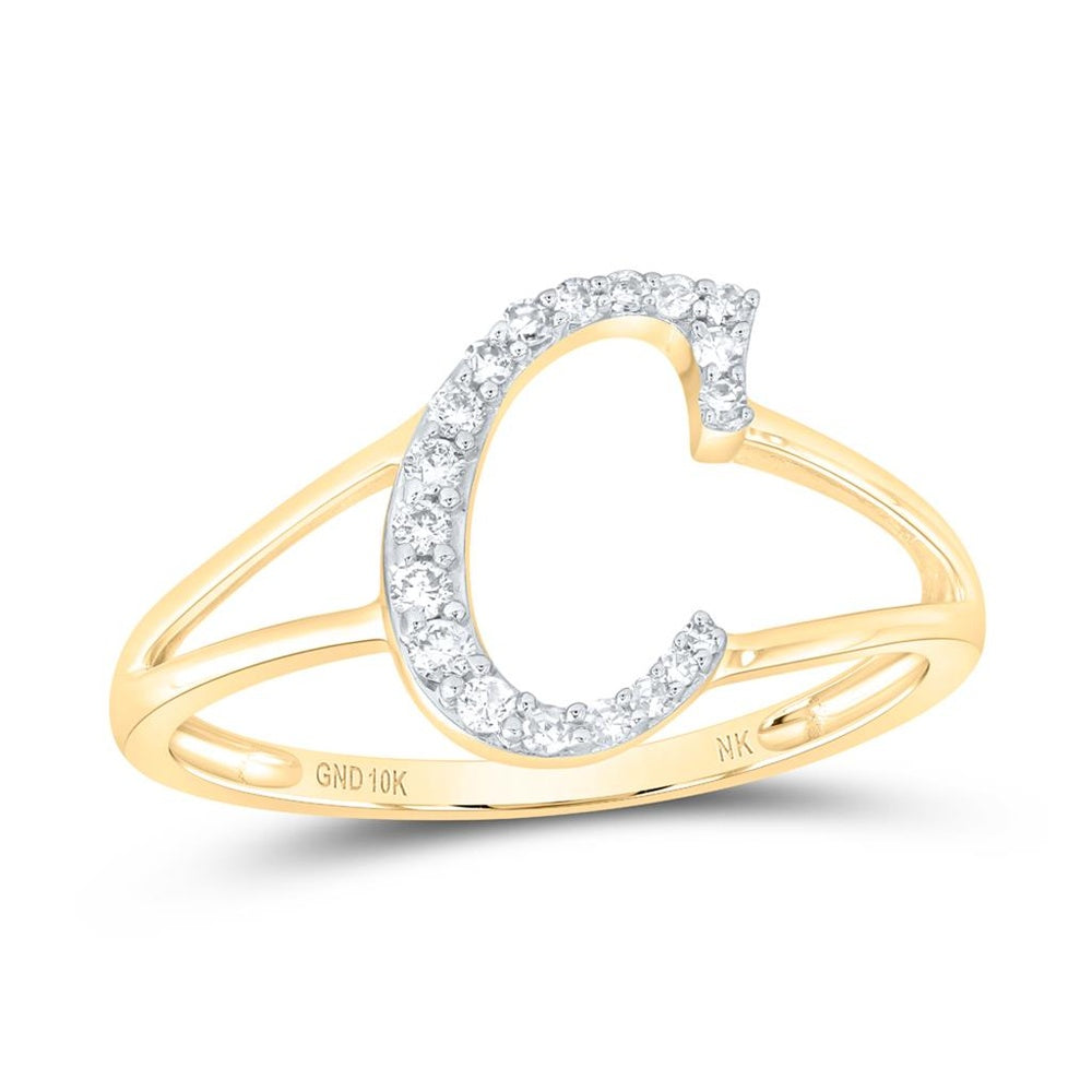 10K Yellow Gold Diamond Initial C Ring - 1/8 Carat Total Diamond Weight