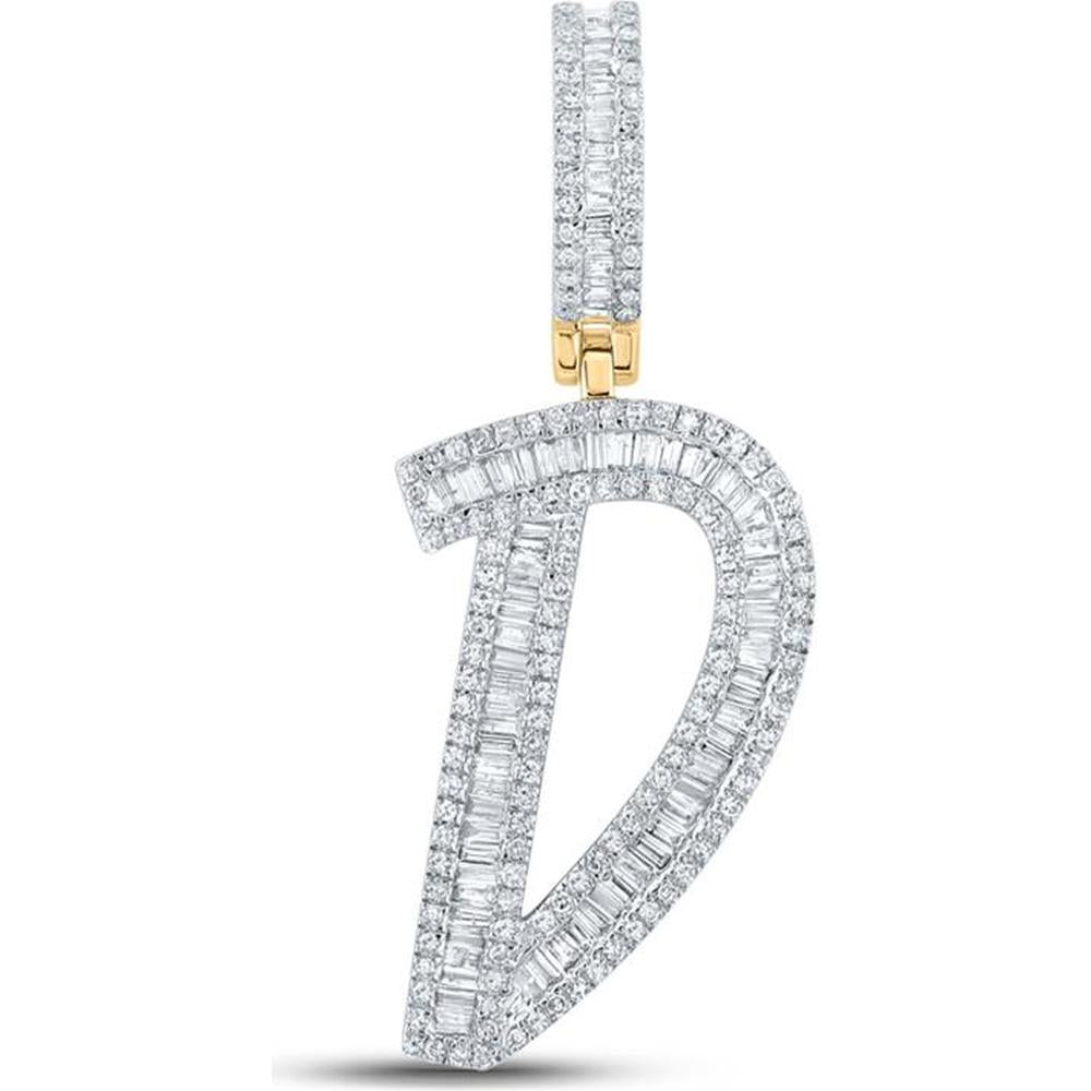 10K Yellow Gold Diamond Initial D Charm Pendant with Baguette and Round Diamonds - 3/4 Carat Total Diamond Weight