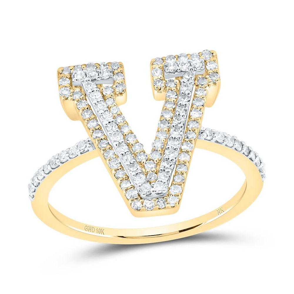 10K Yellow Gold Diamond Initial V Ring - 1/2 Carat Total Diamond Weight