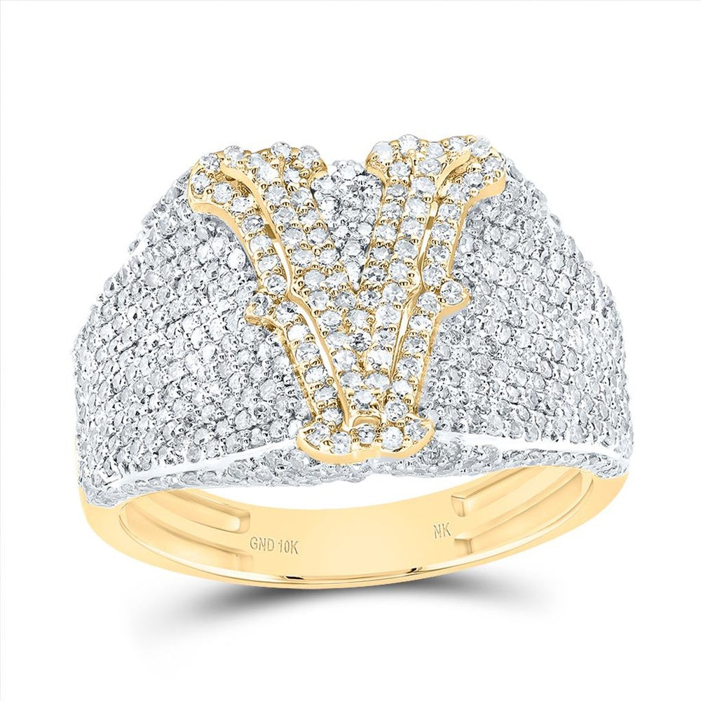 10K Yellow Gold Diamond Initial V Ring - 1 3/4 Carat Total Diamond Weight