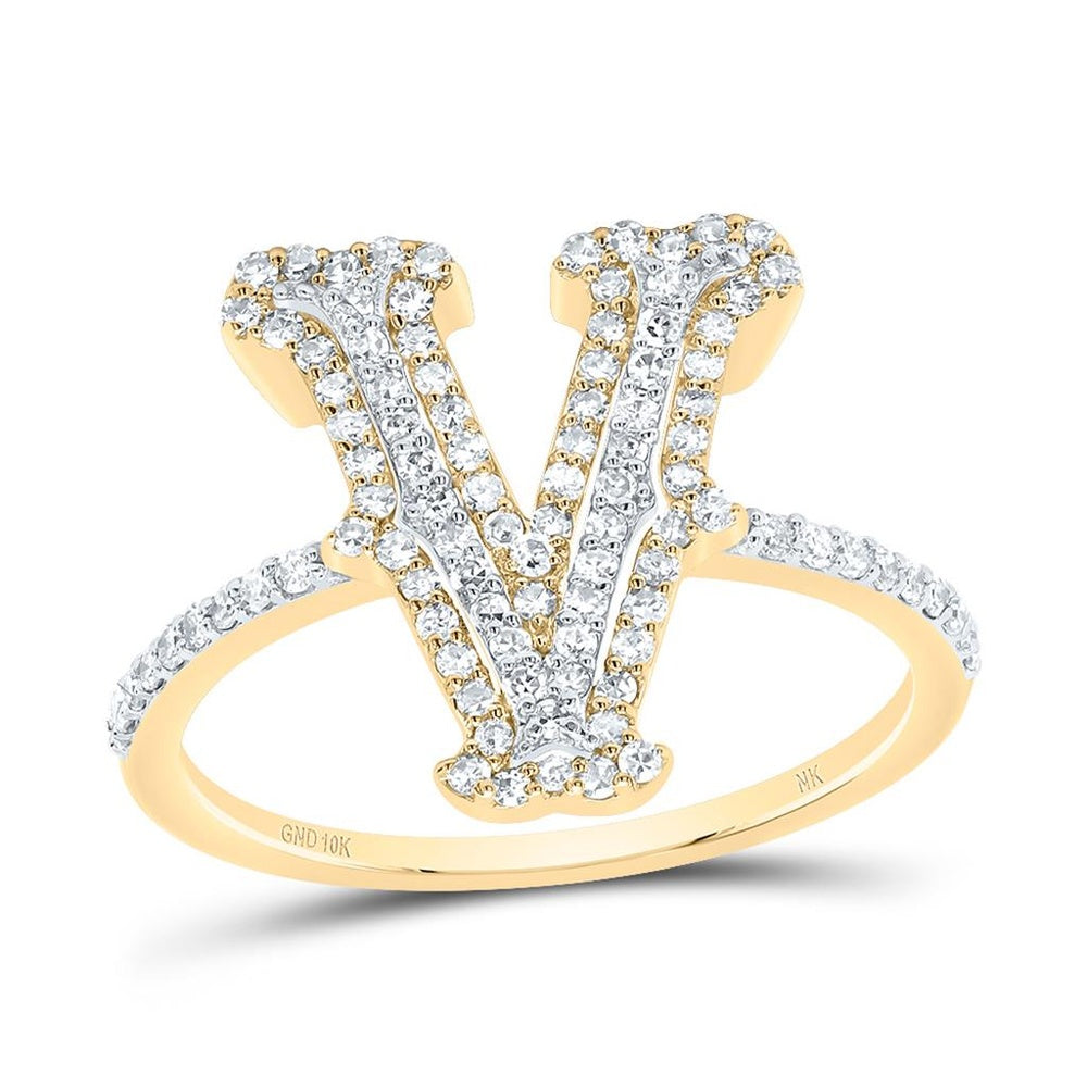 10K Yellow Gold Diamond Initial V Ring - 3/8 Carat Total Diamond Weight