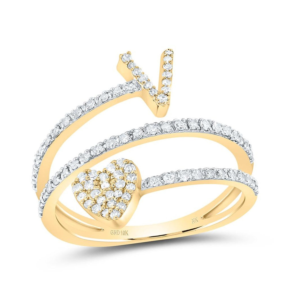 10K Yellow Gold Diamond Initial V Ring - 3/8 Carat Total Diamond Weight
