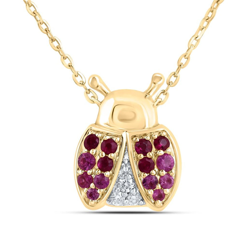10K Yellow Gold Diamond, Pink Sapphire and Ruby Ladybug Necklace - 1/4 Carat Total Gemstone Weight