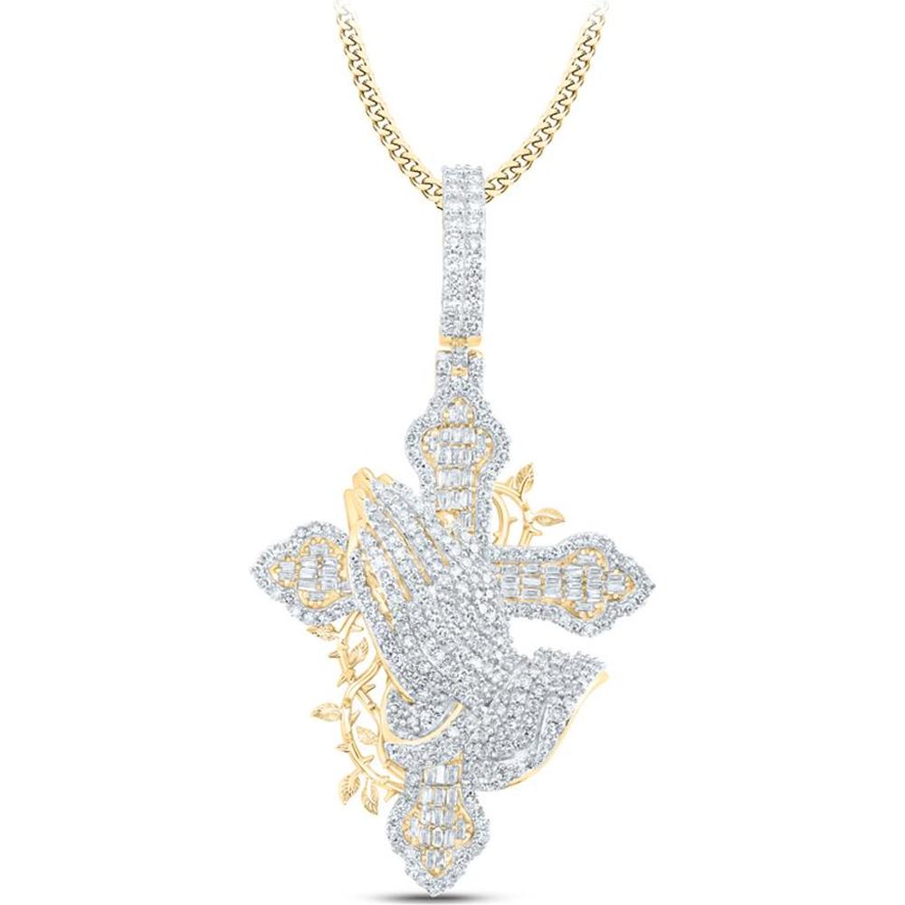 10K Yellow Gold Diamond Prayer Hands Cross Pendant with Prong-Set Round and Channel-Set Baguette Diamonds - 2.08 Carat Total Diamond Weight