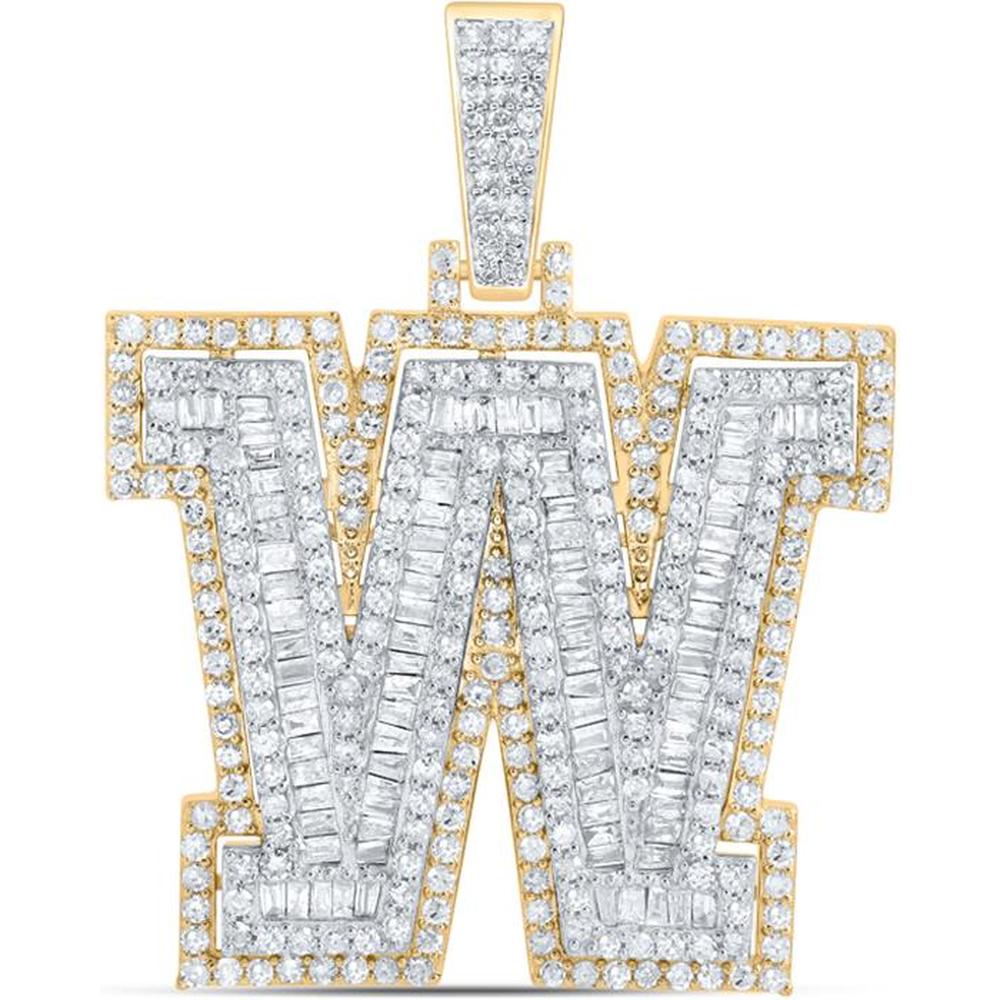 10K Yellow Gold Diamond W Initial Letter Charm Pendant with Round and Baguette Diamonds - 1.76 Carat Total Diamond Weight