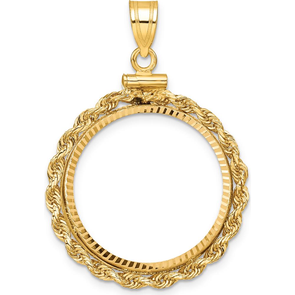 10K Yellow Gold Distinguished Coin Pendant with Polished Rope and Diamond-Cut Texture - Screw Top Bezel for 1/4 oz. American Eagle Coin