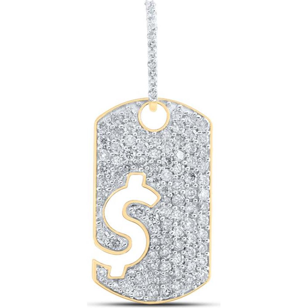 10K Yellow Gold Dogtag Pendant with Prong-Set Round Diamonds and Cut-Out Dollar Sign - 1 1/3 Carat Total Diamond Weight
