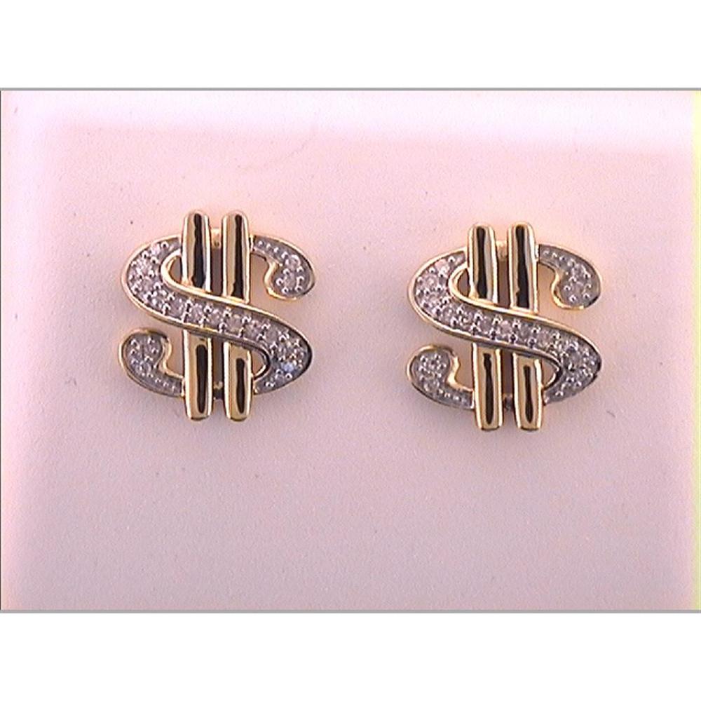 10K Yellow Gold Dollar Sign Stud Earrings with Pave-Set Round Diamonds - 0.10 Carat Total Diamond Weight